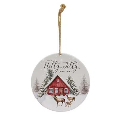 Homegifo Holly Jolly Winter Barn Round Metal Ornament In Gray