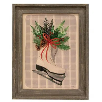 Homegifo *ice Skates Gray Wood Framed Sign In Animal Print