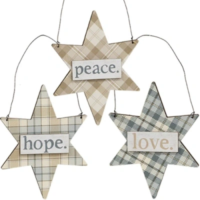 Homegifo Love Hope Peace Plaid Star Ornament 3 Asstd. In Multi
