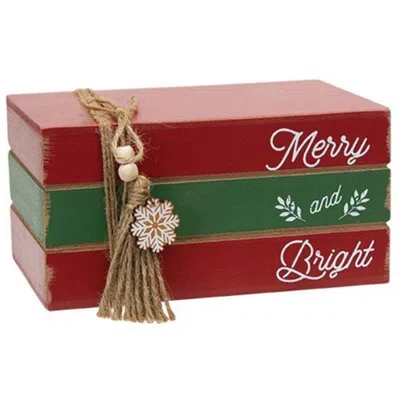 Homegifo *merry And Bright Wooden Stacked Books In Red