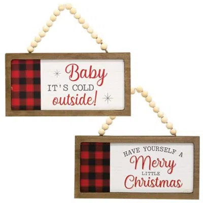 Homegifo *merry & Bright/baby It's Cold Buffalo Check Beaded Sign Ornament 2 Asstd. In Multi