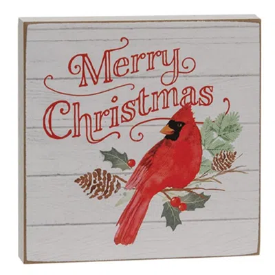 Homegifo Merry Christmas Cardinal & Holly Square Block Sign In Red