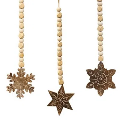 Homegifo Natural Wood Beaded Snowflake Tassel Ornament 3 Asstd. In Brown