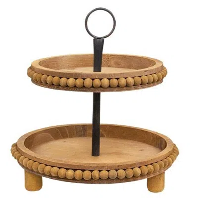 Homegifo Natural Wood Beaded Two-tiered Tray In Black