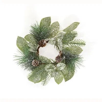 Homegifo Newport Snowy Mixed Greens & Cone Candle Ring 3.5"