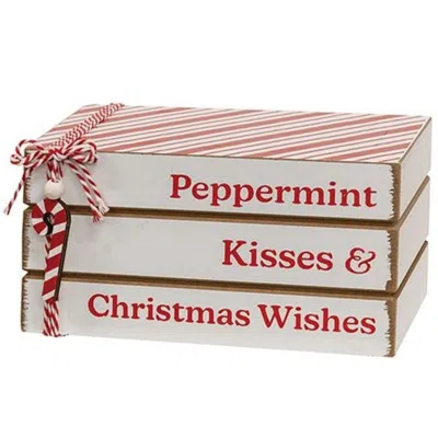 Homegifo Peppermint Kisses & Christmas Wishes Wooden Book Stack In White