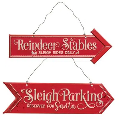 Homegifo Reindeer & Sleigh Parking Metal Hanging Sign 2 Asstd. In Red