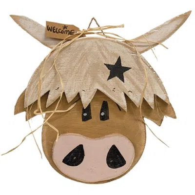 Homegifo Rustic Wood Hanging Welcome Highland Cow Head In Neutral