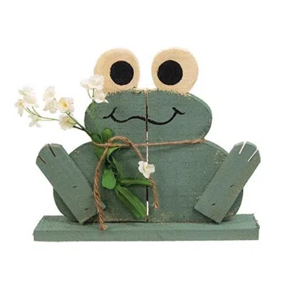 Homegifo Rustic Wood Happy Frog On Base W/flowers In Blue