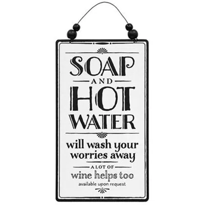 Homegifo Soap And Hot Water Sign W/beaded Hanger In White