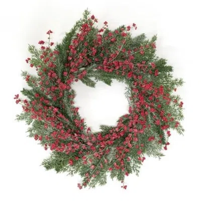 Homegifo Sparkling Red Berries & Mixed Greens Wreath 24" In Pink