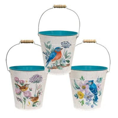 Homegifo Spring Birds & Blooms Metal Bucket 3 Asstd. In White