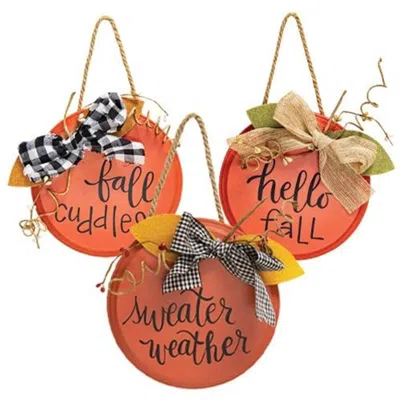 Homegifo Sweater Weather Round Hanging Sign W/burlap Bow 3 Asstd. In Orange