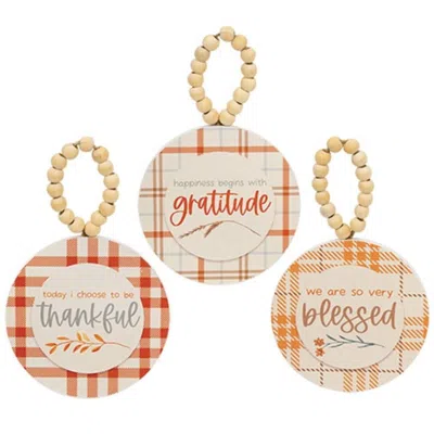 Homegifo Thankful/blessed/gratitude Plaid Beaded Round Ornament 3 Asstd. In Neutral