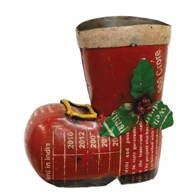 Homegifo Vintage Metal Santa's Boot W/holly Berries & Leaves In Red