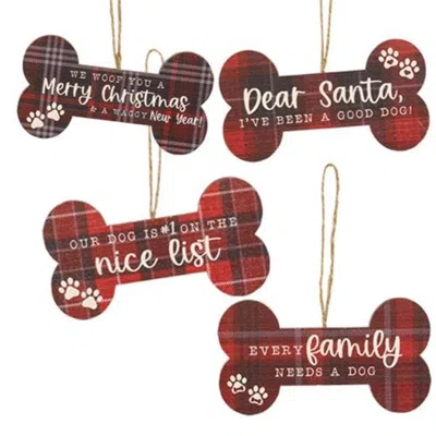 Homegifo We Woof You A Merry Christmas Plaid Dog Bone Ornament 4 Asstd. In Red