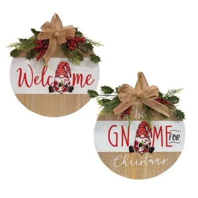 Homegifo Welcome Gnome Christmas Round Wood Sign 2 Asstd. In Brown