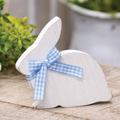 Homegifo White Wooden Bunny Sitter W/blue & White Buffalo Check Ribbon