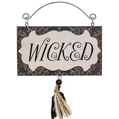 Homegifo *wicked Damask Wood Hanging Sign In Gray
