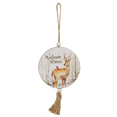 Homegifo Winter Welcome Deer & Cardinal Round Ornament In White