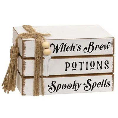 Homegifo Witch's Brew Potions Spooky Spells Mini Wooden Book Stack In White