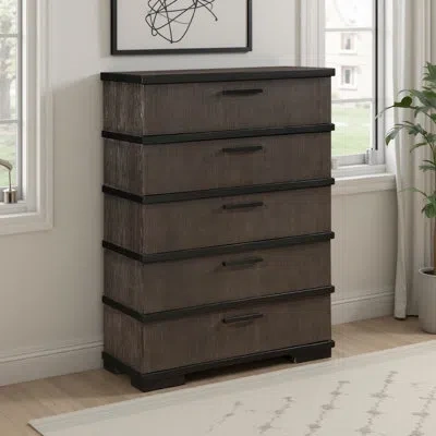 Homelegance Acy Tall Dresser Chest, 5 Drawer Bar Handles, Brownish Gray Black Wood In Black;brownish Gray