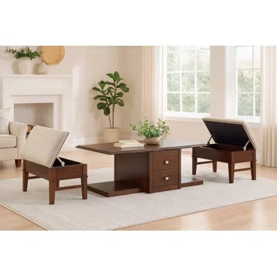 Homelegance Merry Coffee Table With 2 Nesting Ottomans, Brown Wood, Beige