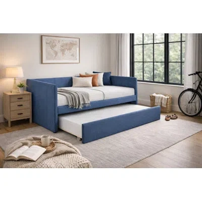 Homelegance Nestlecove Upholstered Daybed With Pullout Trundle In Blue