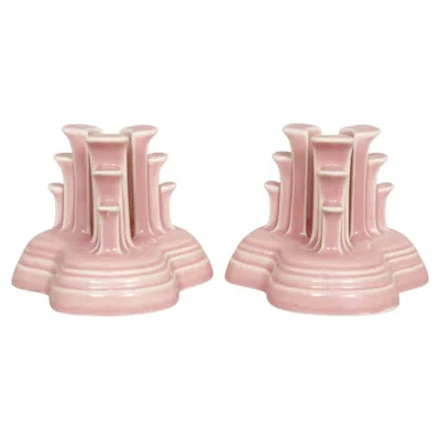 Pre-owned Homer Laughlin Fiesta Rose Tripod Candlestick Holders By , A Pair In Red