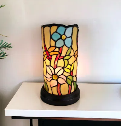 Homezia 10" Red And Beige Dragonfly Stained Glass Accent Lamp In Black