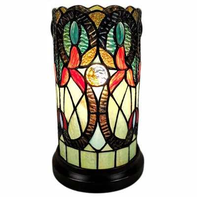 Homezia 11" Beige And Orange Mosaic Tile Stained Glass Accent Lamp In Multi