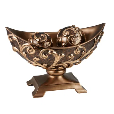 Homezia 11" Brown And Gold Polyresin Decorative Bowl With Orbs