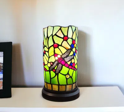 Homezia 11" Green And Pink Dragonfly Stained Glass Accent Lamp