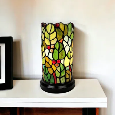 Homezia 11" Green And Red Leaves And Berries Stained Glass Accent Lamp In Multi
