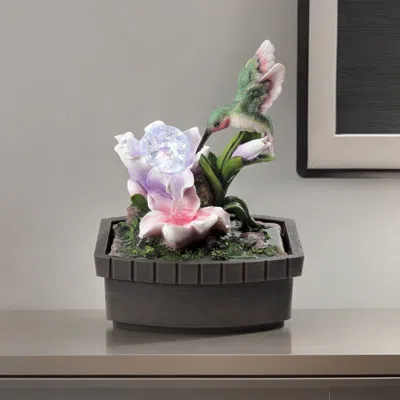 Homezia 11" Pink Green And Brown Polyresin Hummingbird Tabletop Fountain