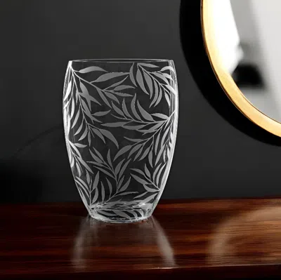 Homezia 12" Clear And Frosted Leaf Pattern Oval Crystal Table Vase In Gray