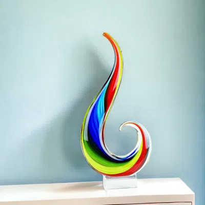 Homezia 12" Clear Red Blue Yellow Murano Glass Modern Abstract Tabletop Sculpture In Multi