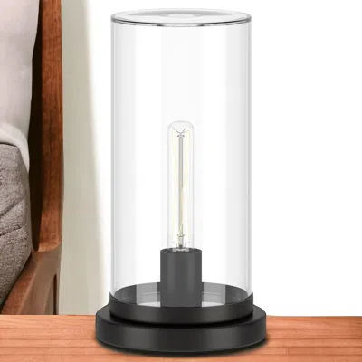 Homezia 13" Black Metal Table Lamp With Clear Drum Shade