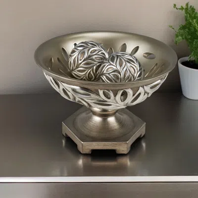Homezia 13" Brushed Silver Leaf Polyresin Decorative Pedestal Bowl With Orbs
