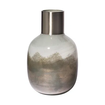 Homezia 13" Cream And Brown Ombre Glass Vase With Dark Bronze Top