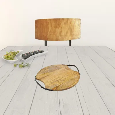 Homezia 13" Natural Brown Round Wood And Metal Tray
