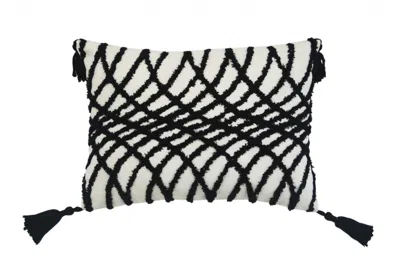Homezia 13" X 18" Black And White Geometric Zippered Polyester And Cotton Blend Throw Pillow With Tassels