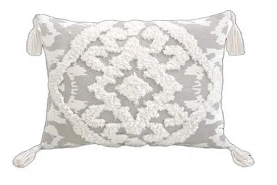 Homezia 13" X 18" Grey And White Damask Zippered Polyester And Cotton Blend Throw Pillow With Tassels