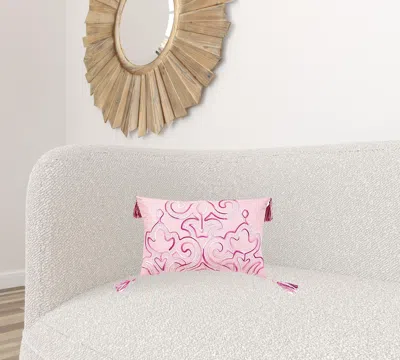Homezia 13" X 20" Pink Embroidered Damask Throw Pillow With Tassels