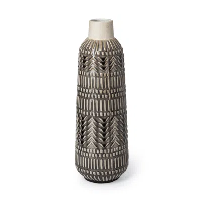 Homezia 14" Black And Cream Organic Glaze Chevron Embossed Ceramic Vase