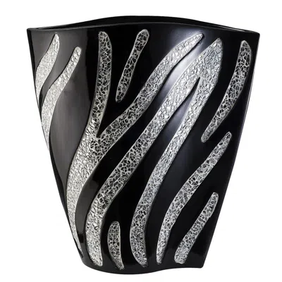 Homezia 14" Black And Silver Striped Polyresin Table Vase