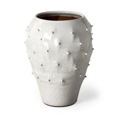 Homezia 14" White Spiked Organic Glaze Large Mouth Ceramic Vase