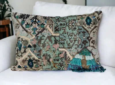 Homezia 14" X 20" Beige And Green Cotton Throw Pillow With Fringe