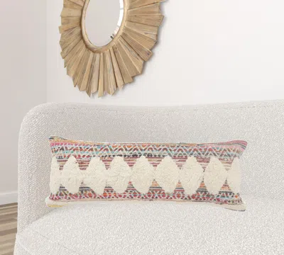 Homezia 14" X 36" Off-white Red Blue Orange And Green 100% Cotton Striped Zippered Pillow In Multi