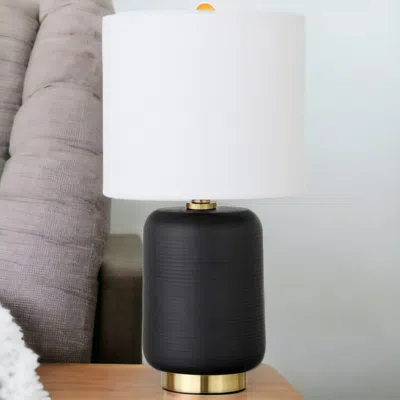 Homezia 15" Black And Gold Ceramic Cylinder Table Lamp With White Drum Shade